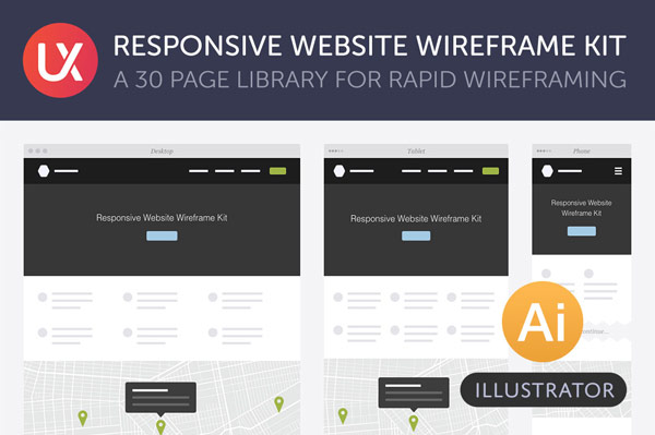A 30 page library for rapid wireframing in Adobe Illustrator.