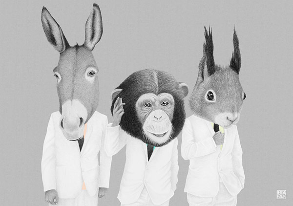 Animals in Suits – black and white illustration.