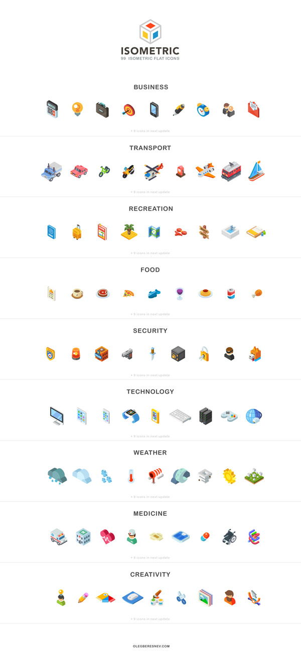 Several isometric flat icon designs divided in 9 theme sections.