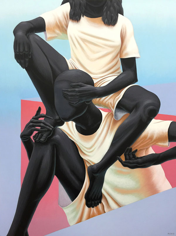 This series of paintings is based on faceless human beings with dark black skin in different scenarios.