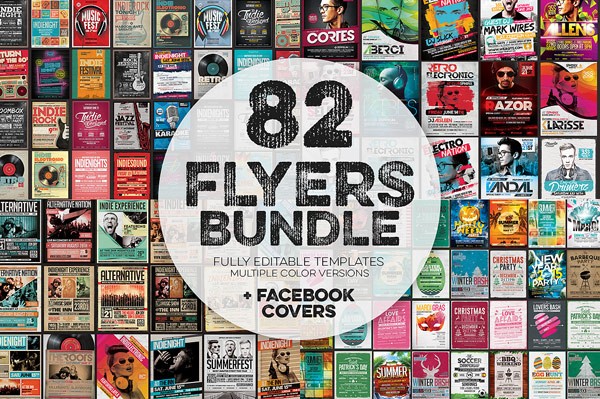 82 flyers bundle with fully editable templates in multiple color versions.