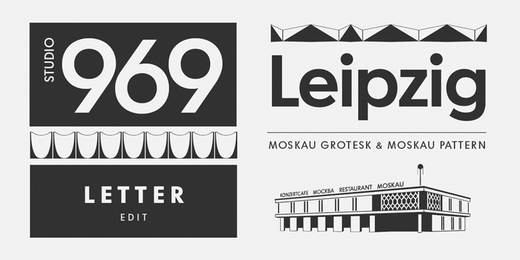 The typeface is based on the signage created for Café Moskau in Berlin by graphic artist Klaus Wittkugel in the beginning of the 1960s.