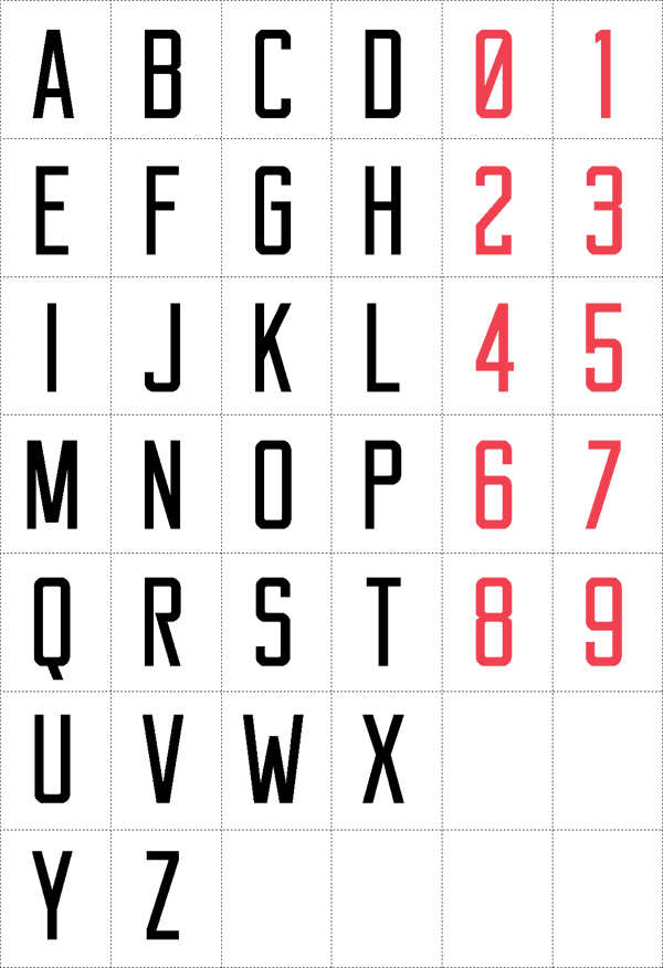 Basic letters and numbers of the free Reckoner typeface.