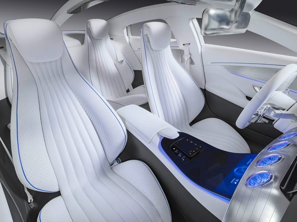 White interior and fittings with blue lighting.