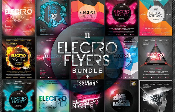 11 electro party flyers for Adobe Photoshop.
