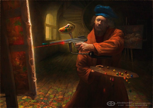 A funny Rembrandt portrait – the master at work using a paintball gun.