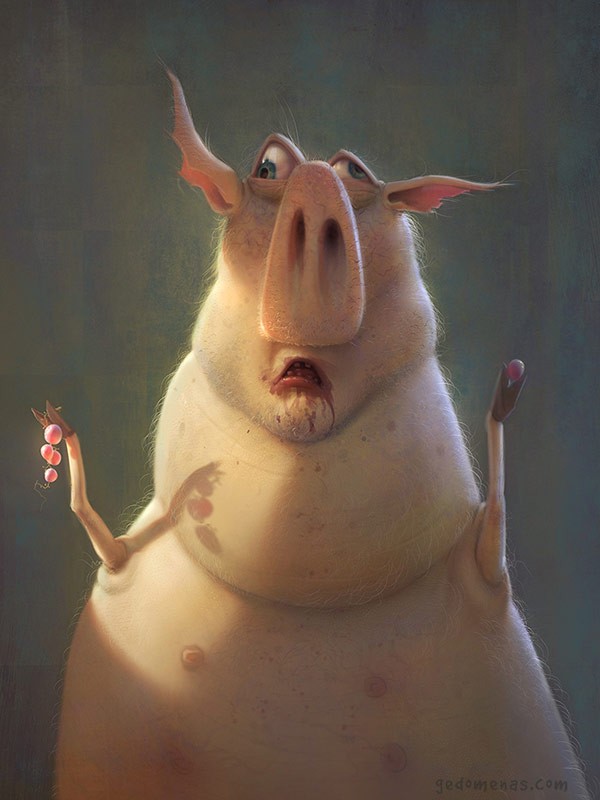 Funny pig character illustration created with digital painting software.