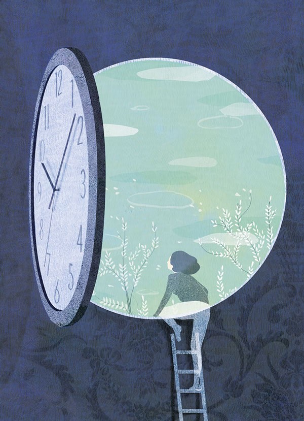 Work from a series of illustrations created for an article called "Inhabit the Time" in the French Magazine Panorama. The article is based on our busy lives and how can we keep enough time for spirituality or just to take a break.