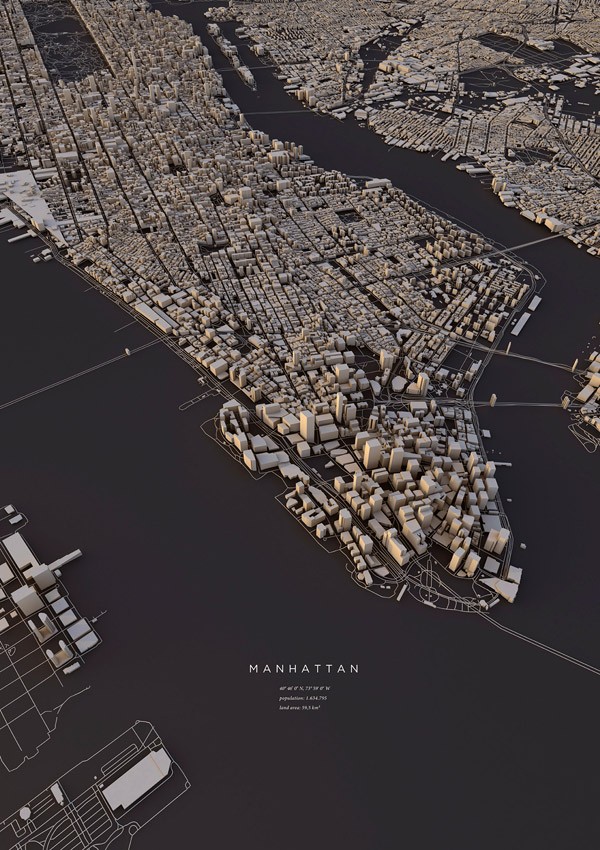 Manhattan, New York City, a 3D map that includes topography, architecture and traffic routes.