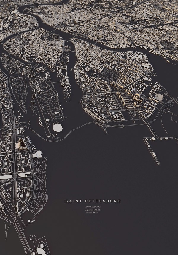 Saint Petersburg, a map created with Cinema 4D.