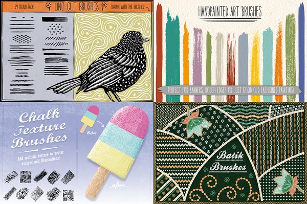 The bundle also includes brushes for handpainted art styles, chalk textures, batik styles, and lino-cut effects.