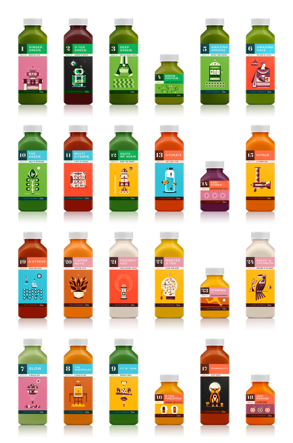 Illustration and packaging design by Martin Azambuja for numerous Kaffe 1668 juice labels.