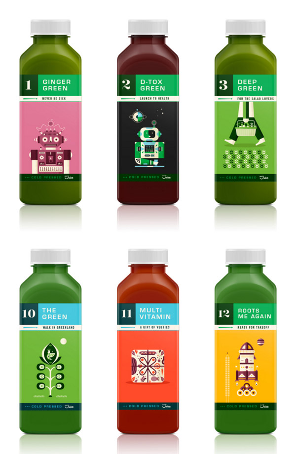 A closer look of some fine illustrated juice labels for Kaffe 1668.