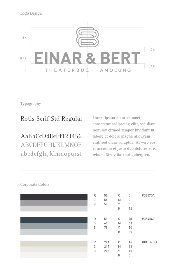 Einar & Bert – corporate identity guidelines including logo design, corporate typeface, and corporate colors.