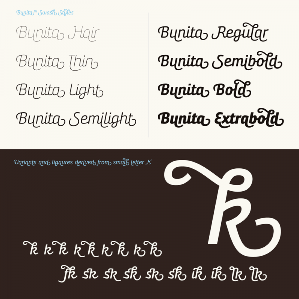 The family is equipped with eight weights and numerous OpenType features such as ligatures and alternative characters.