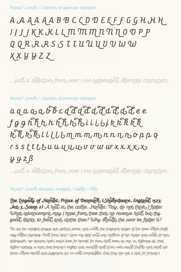 The Bunita Swash font family is packed with countless alternate characters for uppercase and lowercase letters.