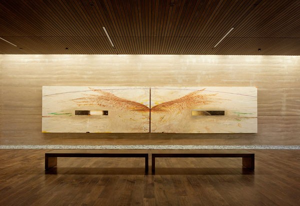 The interior is decorated with Nathan Oliveira's meditative Windhover Series.
