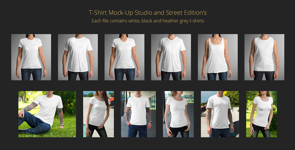 T-shirt mock-up studio and street edition. Each file contains white, black, and heather grey t-shirts.