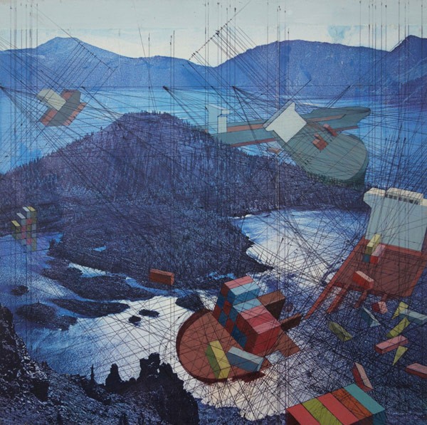 Shipping containers and shipwrecks in a nordic landscape.