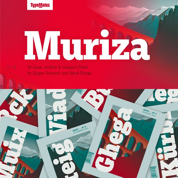 Muriza, a modest slab serif from TypeMates with tempestuous curves and clear geometric shapes.