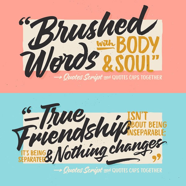 Quotes, a hand painted brush typeface with script and caps from Sudtipos.
