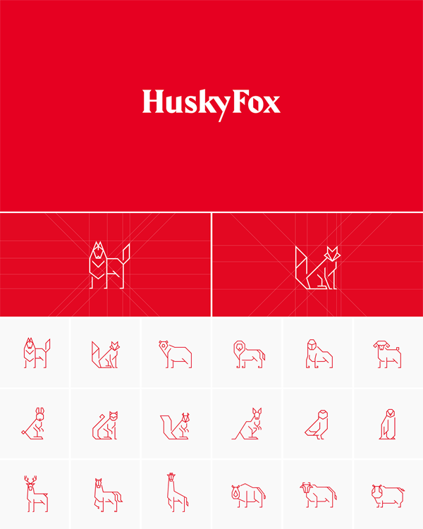 The HuskyFox logotype and a collection of animal brand icons.