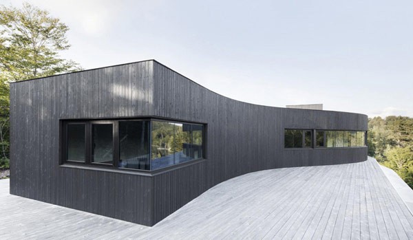 The facade of the house is clad with black wooden slats.