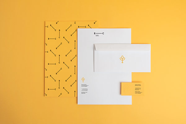 The stationery set including letterheads, business cards, and envelopes.