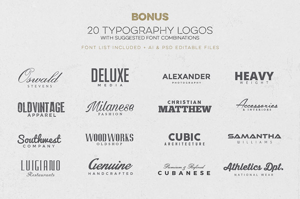 In addition, the kit is packed with lots of bonus items such as 20 typography logos plus suggested font combinations.