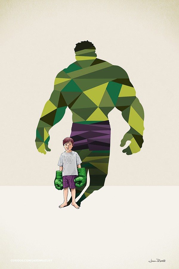 Green Tantrum, a little child illustrated with the shadow of the incredible Hulk.