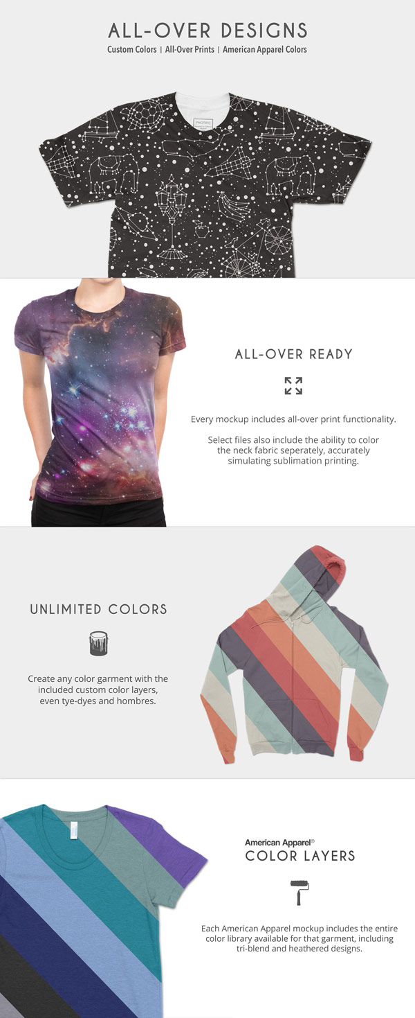 With unlimited colors, every mockup includes all-over print functionality.