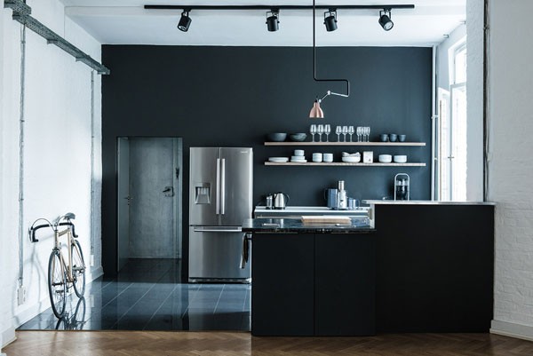 The stylish and modern kitchen design of the living loft and music studio.