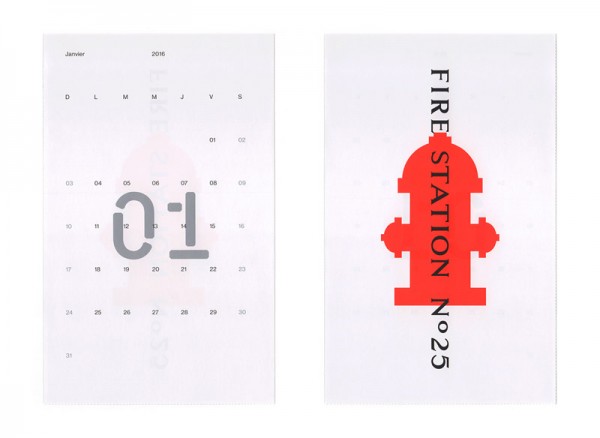 The 2016 calendar is based on the local signage of Montreal’s fire stations. Design for the month of January. The designers of studio Caserne used a stencil typeface for the numbers of each day.
