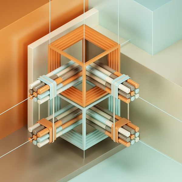 An abstract sculpture and composition in an isometric environment.