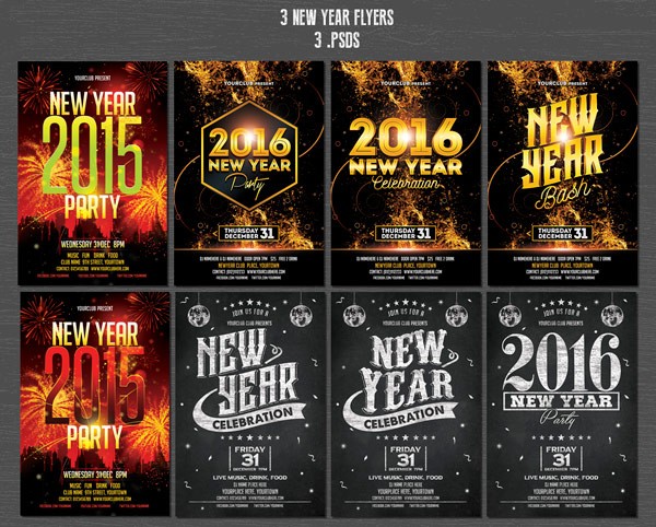 3 New Years flyers that can be customized very easy.