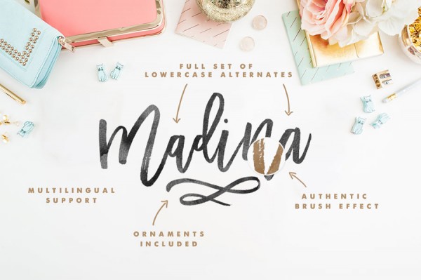 The Madina Script font is equipped with lots of extras such as included ornaments, an authentic brush effect, a full set of lowercase alternates, and multilingual support.