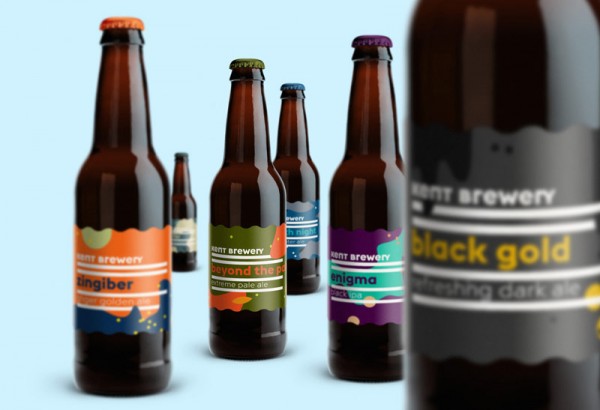 Some of the beer bottles with the new colorful labels.