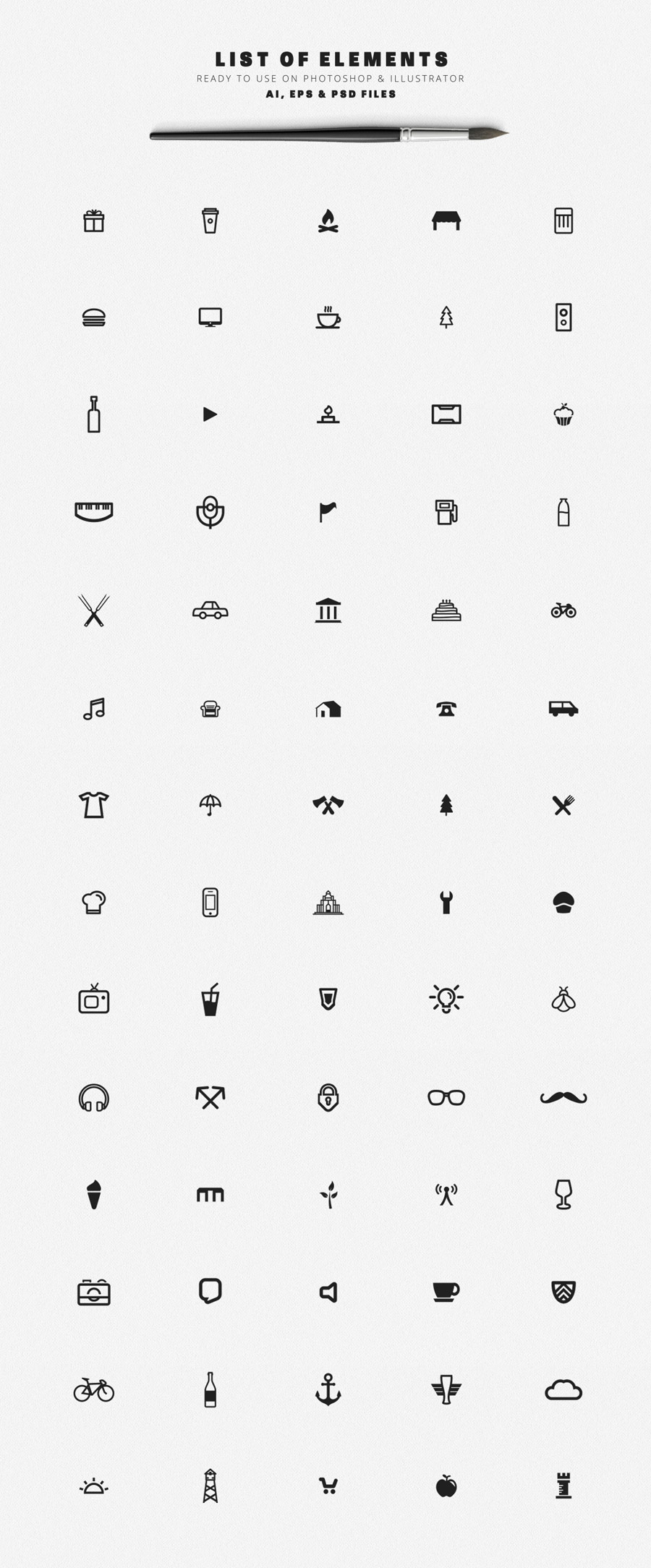 70 elements of diverse shapes and icons as Adobe Illusttrator, Photoshop, and EPS vector files.