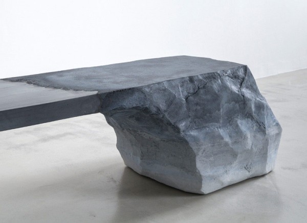 Fernando Mastrangelo used hand-dyed sand with cement to create these rock or glacier-like formations.