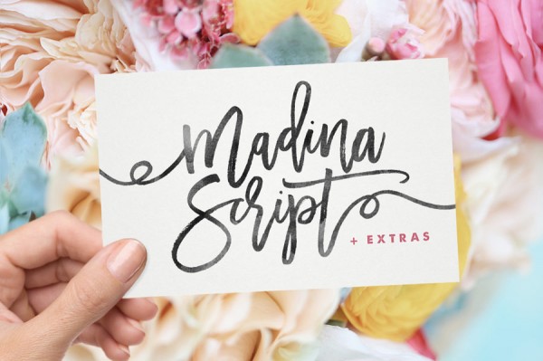 Madina Script, a feminine handwriting typeface by Sam Parrett, a British graphic designer.