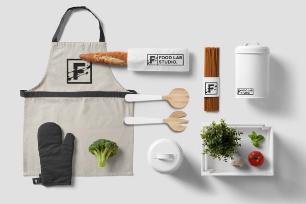 Some branding and packaging materials for the Food Lab Studio identity.