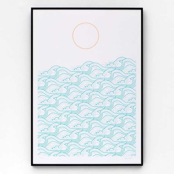 Waves, a limited edition, hand-pulled screen print in turquoise blue and orange colors printed on 270gsm Colorplan paper.