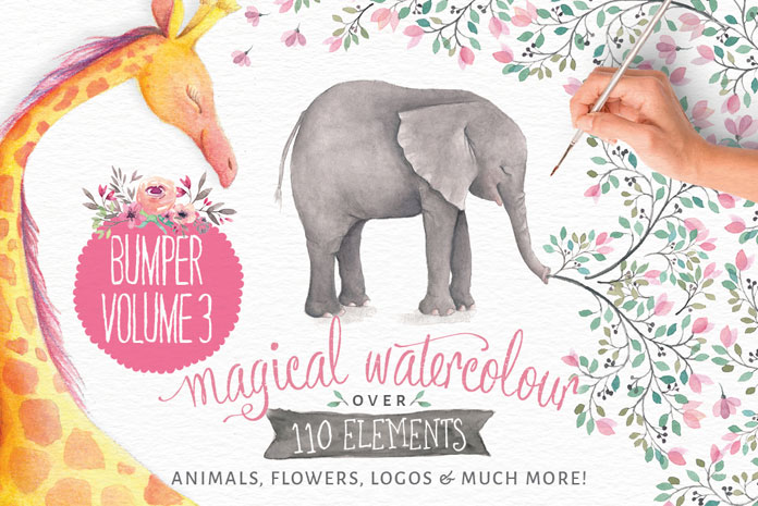Lovely illustrated watercolor elements of animals, flowers, logos, and much more.