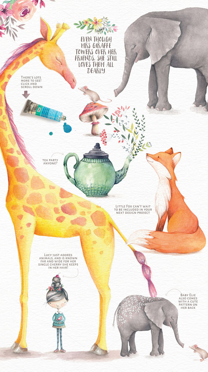 Lisa Glanz' lovely watercolor illustrations consist of 110 elements included as PNG and PSD files.