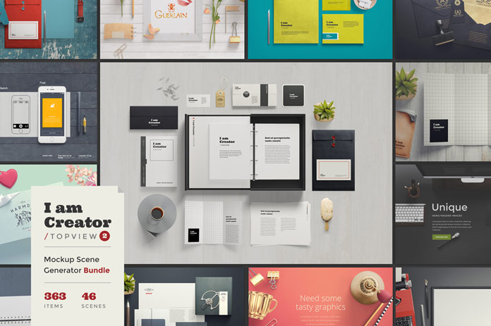 The am Creator top view set is a mockup scene generator bundle of 363 items and 46 scenes.