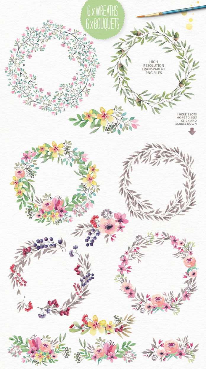 6 wreaths and 6 bouquets as high resolution, transparent PNG files.