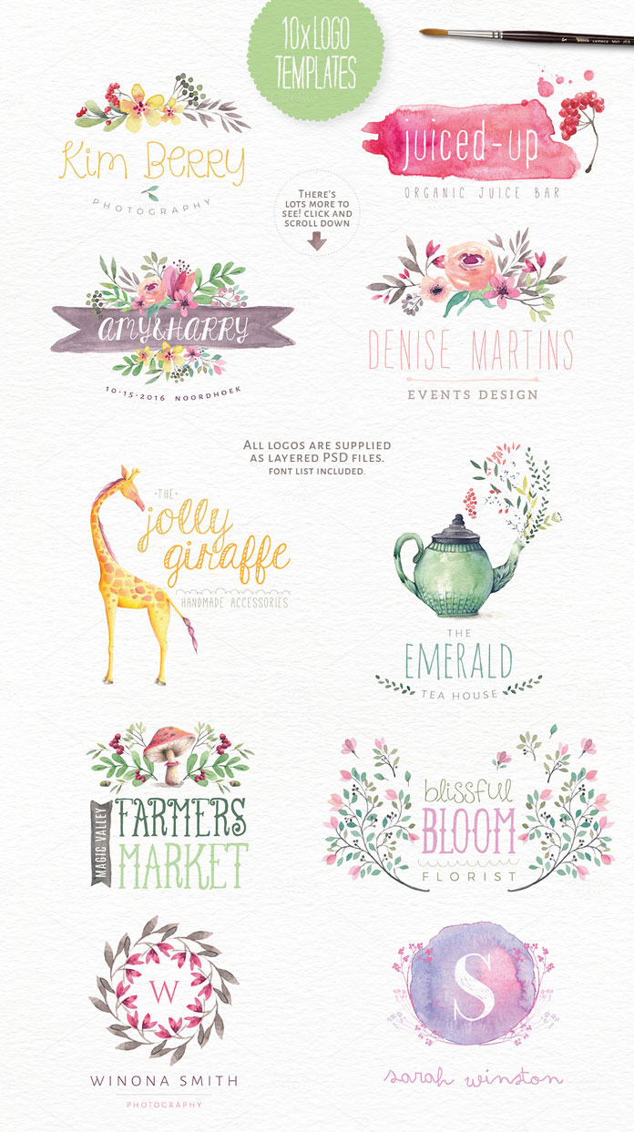 10 handpainted logo templates. All logos are supplied as layered PSD files with an included font list.