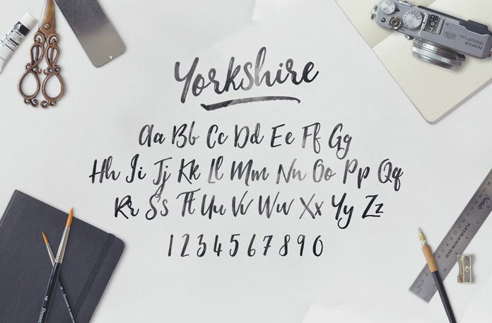 The character set of the Yorkshire typeface with uppercases and lowercases as well as numbers.