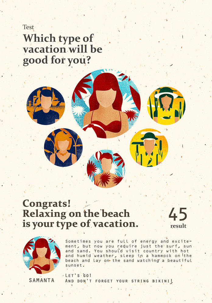 What type of vacation will you be? Work from a series of illustrations by Andriy Muzichka for an article that tells us about importance of vacation.