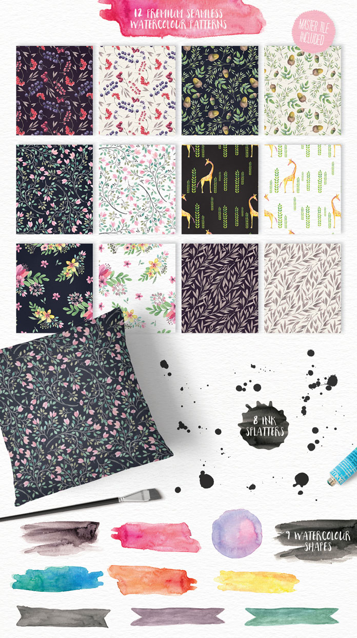 12 premium seamless watercolor patterns plus 8 ink splatters and 9 watercolor shapes.